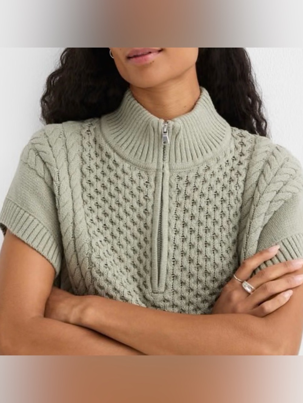 NWT LOFT Cable Half-Zip Wedge Short Sleeve Sweater Sage Green Sz M